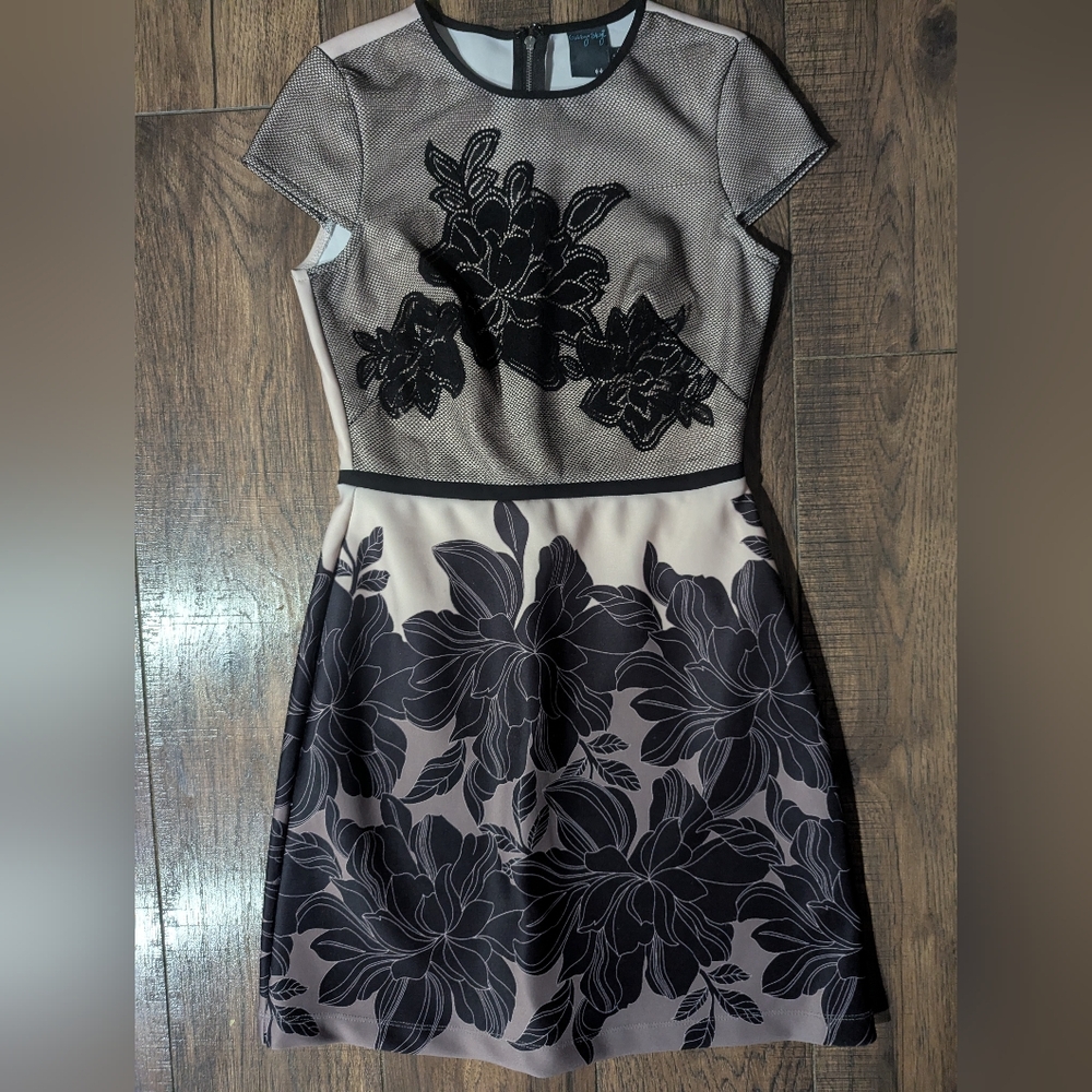 Gabby Skye Womens Cream & Black Floral Lace Floral Mini Sheath Dress Size 4 NWOT